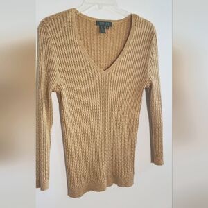 RALPH LAUREN-size M- metallic shimmer gold ribbed sweater shirt -stretch V neck